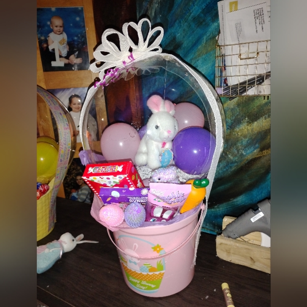 Easter Bunny Gift Basket with Pink and Purple Accents